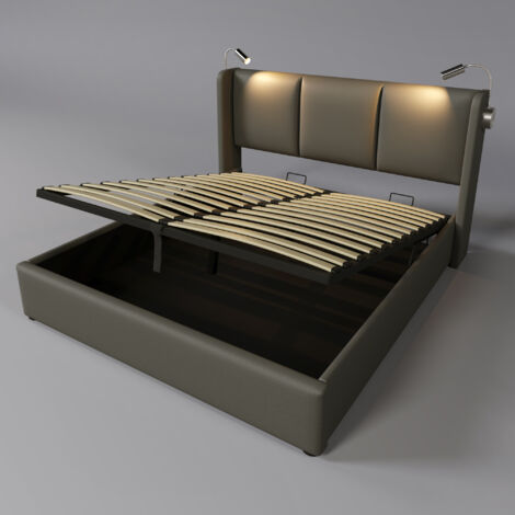 Letto imbottito letto matrimoniale contenitore letto box luce da lettura con funzione di ricarica USB testiera, letti con contenitore giroletto PU letto per ragazzi 140x200 con rete a doghe (senza mat