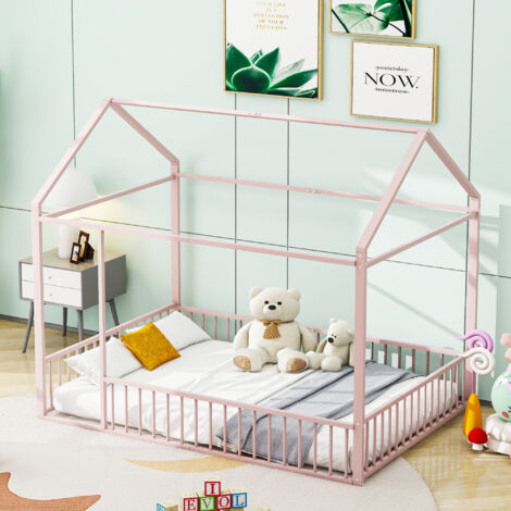 Arhatreya Lettino Per Bambini 140x200 Cm In Legno Di Pino Con Sponde E Porticina - Struttura Letto A Pavimento Bianco (Materasso Escluso)