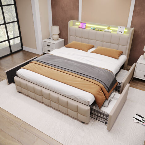 Idemon Letto Matrimoniale Imbottito 180x200 Grigio – Con Testiera, 4 Cassetti, Luci LED E Porte USB