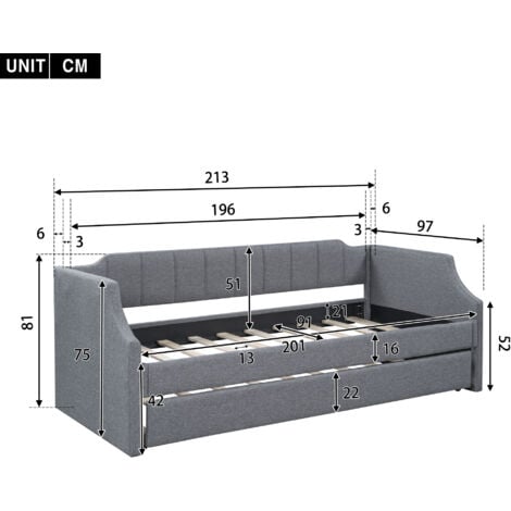 Divano Letto Singolo 90x200 Cm Con 2 Cassetti - Legno Massello, Grigio - Ideale Per Camera Bambini/Ragazzi - Foto 2