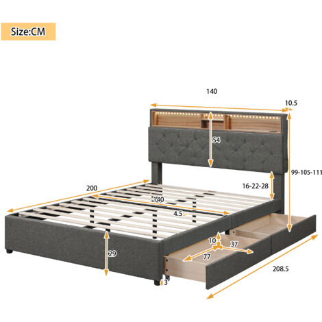 KOMHTOM Letto Matrimoniale Contenitore Imbottito Con Testiera Regolabile, Rete A Doghe In Legno, 140x200 Cm, Colore Beige Chiaro (senza Materasso)