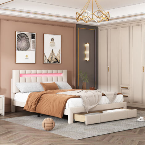 Letto contenitore 140x200 con illuminazione a LED, letto imbottito con rete a doghe, letto