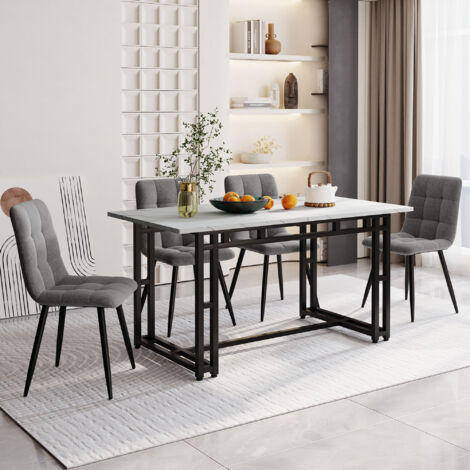 Tavolo da pranzo nero 140x80 cm con set di 4 sedie, set tavolo da pranzo da cucina moderna, sedie da pranzo in lino grigio scuro, tavolo con gambe in ferro nero OKWISH