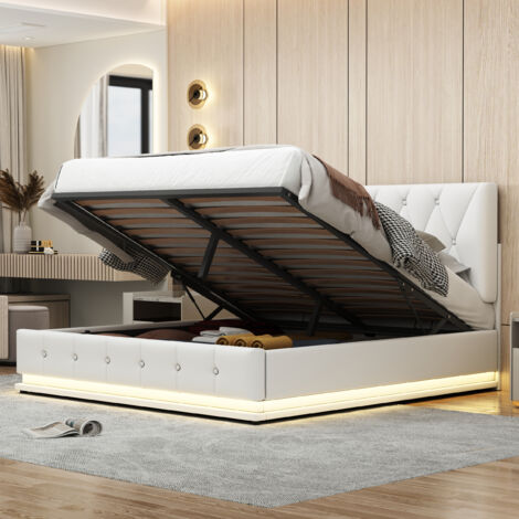 Letto matrimoniale 140 X 200 cm Con LED e 4 cassetti - Testiera regolabile in altezza - Base a doghe in legno - Nero - Senza materasso | Leroy Merlin