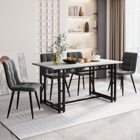 Tavolo da pranzo nero 140x80 cm con set di 4 sedie, set tavolo da pranzo da cucina moderna, sedie da pranzo in velluto grigio scuro, tavolo con gambe in ferro nero OKWISH