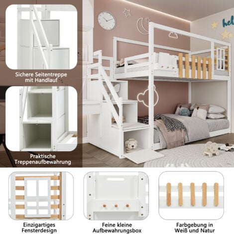Letto a castello con scaletta, finestra e box con ripiano, struttura in legno massiccio di pino, letto per bambini con 3 armadietti nelle scale, con griglia anticaduta, bianco, 90x200 cm OKWISH