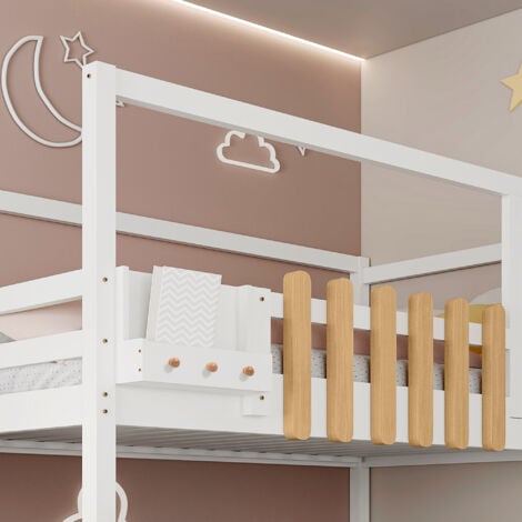 Letto a castello con scaletta, finestra e box con ripiano, struttura in legno massiccio di pino, letto per bambini con 3 armadietti nelle scale, con griglia anticaduta, bianco, 90x200 cm OKWISH