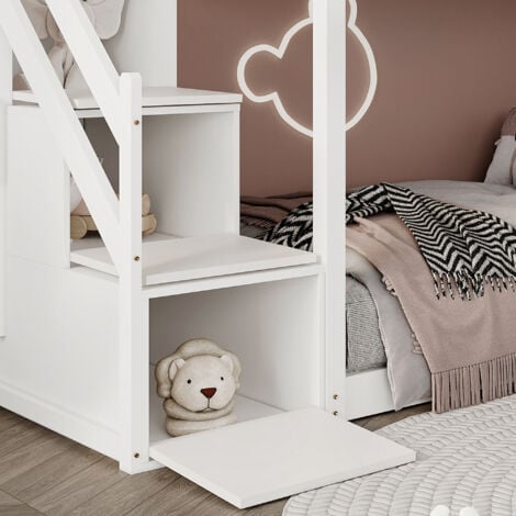 Letto a castello con scaletta, finestra e box con ripiano, struttura in legno massiccio di pino, letto per bambini con 3 armadietti nelle scale, con griglia anticaduta, bianco, 90x200 cm OKWISH