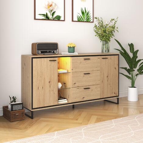 Credenza Idemon Moderna 2 Ante 3 Cassetti – Colore Nero/legno, Con Luci LED, 160x40x85 Cm