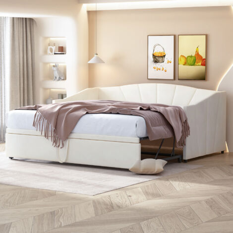 Letto imbottito divano letto estraibile 90/180200 cm con rete a doghe, letto multifunzionale in velluto delicato sulla pelle beige OKWISH
