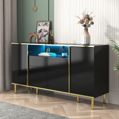 Credenza Lucida Bianca 160x40x68 Cm - 4 Cassetti, 2 Ante E Ripiani Regolabili, Mobile TV/Soggiorno