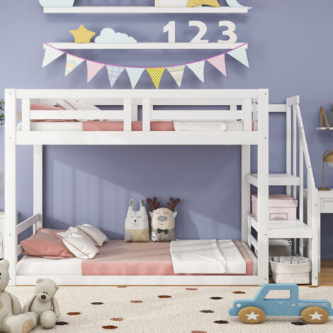 Letto per bambini 90200 cm, letto a castello basso con scala di sicurezza, struttura letto a castello in legno massiccio con rete a doghe, bianco OKWISH (1/5)