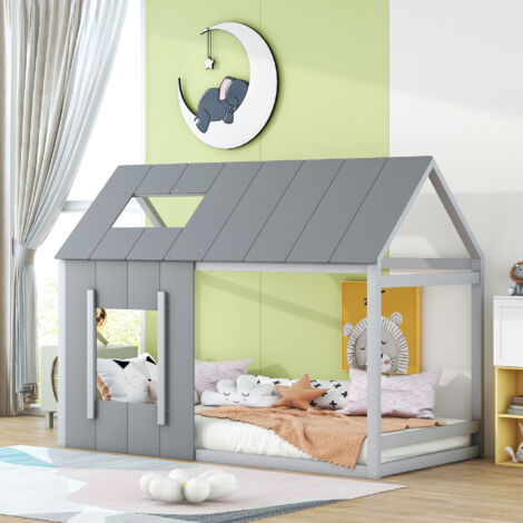 Letto per bambini 90 x 200 cm, Letto per bambini a forma di casetta, Letto piatto singolo con tetto e finestra, Grigio scuro + Grigio chiaro OKWISH