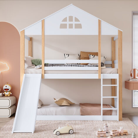 Letto a castello con finestre caratteristiche e scaletta angolare a tre livelli, letto per bambini con scivolo, letto a casetta con recinzioni e protezione anticaduta, struttura letto in legno massicc