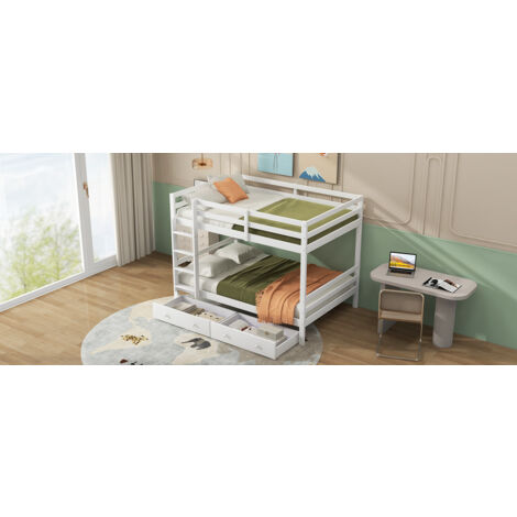 Letti a castello per bambini con cassetti, vano portaoggetti, sponde alte, bianco, 140 x 200 cm