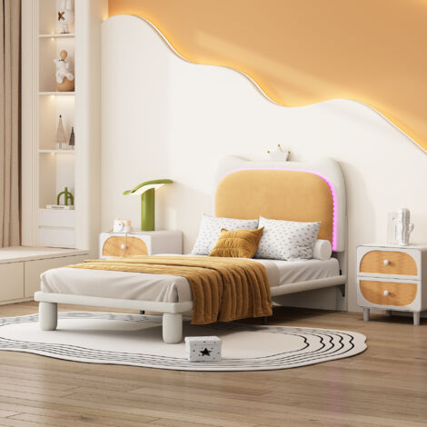 KOMHTOM Letto Matrimoniale Imbottito Con Contenitore E Luci LED (180x200 Cm) - Bianco, Pelle PU, Rete A Doghe In Legno, Senza Materasso - 3