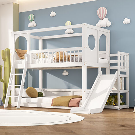 Rtopsu Letto per Bambini a Castello 90x200 cm, con Scaletta e Contenitore Cassetti, Letto a Soppalco con Parapetto e Pannelli, con Rete a Doghe, Bianco, Senza Materasso