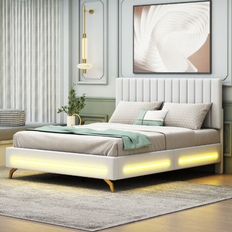 Letto Contenitore 140x200 Cm Con LED E USB, Letto Matrimoniale Imbottito Con Cassetti Velluto Beige