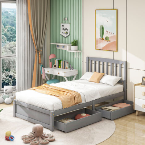 I0I&I0I Letto Singolo In Legno Massello Con Cassetti E Rete A Doghe – Bianco 140x200 Cm, Struttura Con Contenitore
