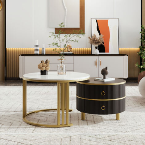 Tavolino 2-in-1 In MDF Con Piano Lucido E Piano In Marmo Bianco Combinazione Tavolino Soggiorno Con 2 Cassetti Design~1n1dfs7i84g01