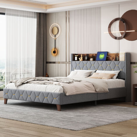 Letto Matrimoniale Imbottito 160x200 Cm Con Contenitore E Luci LED RGB - Grigio