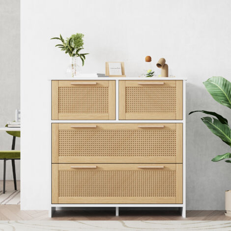 Mobile in rattan di alta qualità a 4 cassetti con maniglie in legno massiccio - Adatto per camera da letto, soggiorno, sala da pranzo, corridoio - Dimensioni: L80/H80/P38 cm