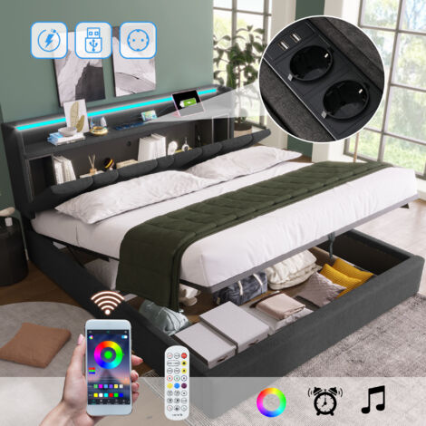 ZYLOYAL10 Letto Matrimoniale Con Contenitore E Luci LED USB – Beige Lino, 140x200 Cm (Senza Materasso)
