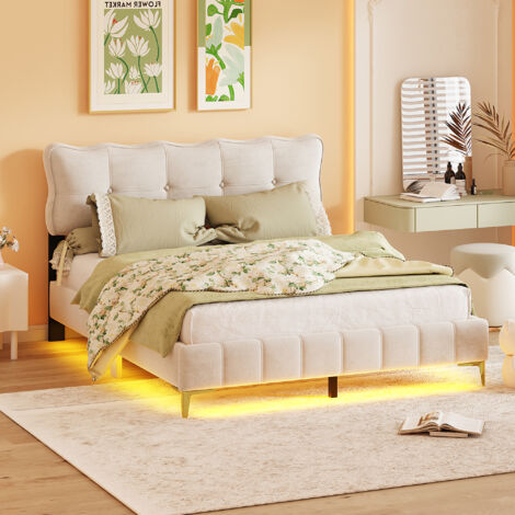 Letto Matrimoniale 140x200 In Metallo Con LED RGB, Multipresa (2AC+2USB), Testiera Imbottita E Contenitore