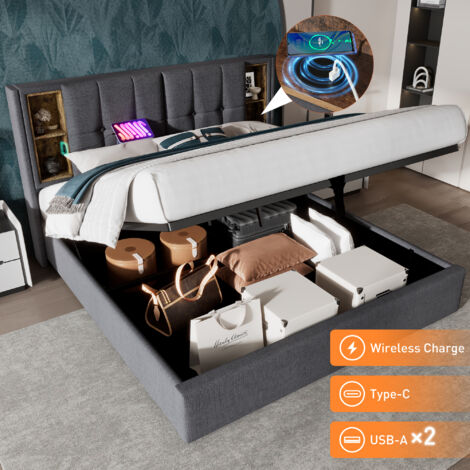 Wyibwy Letto singolo per bambini 90x200cm, Letto contenitore con dispositivo idraulico, sponda morbida rialzata, tasca portaoggetti ai piedi del letto, Pannello laterale destro, velluto, grigio