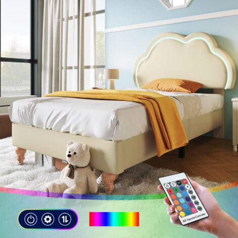 Letto Singolo con Contenitore 90x200 cm LED USB e Telecomando, Imbottito con Testiera e Vano Portaoggetti, Struttura Letto Singolo