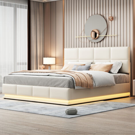 Rtopsu Letto Imbottito Letto Matrimoniale 140x200 cm con USB Type C e LED, Letti con Contenitore, Letti Idraulico con Rete a Doghe e Telaio in Metallo, Testata Regolabile, PU, Grigio, Senza Materasso