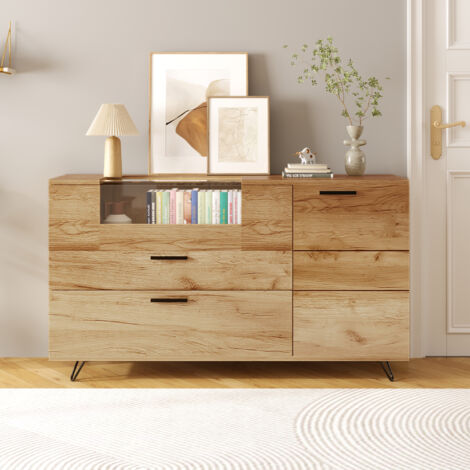 Credenze buffet madie 140x40x80cm con 2 ante e 4 ripiani in vetro, LED, mobile, consolle
