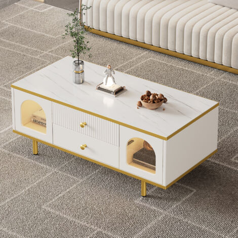 Tavolino Da Caffè Moderno Con LED E 2 Cassetti – 70x70x41 Cm, Superficie Lucida, Vetrina Trasparente, Portata 30 Kg, Controllo App E Telecomando