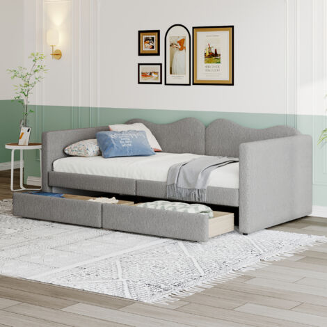 Divano Letto Imbottito Estraibile Soweiz – 90x200 Cm, Beige Velluto, Con Doghe In Legno, Per Bambini E Ospiti - 2
