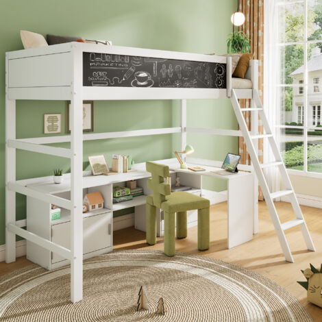 Letto A Castello In Legno Massello Per Bambini 90x200 Cm - Multifunzionale Con Scala, Recinzione Alta, Piccola Porta, Bianco - 5