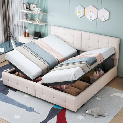 Letto imbottito 180x200 cm, letto contenitore idraulico, letto contenitore alto, letto matrimoniale multifunzionale, tessuto in velluto delicato sulla pelle, beige