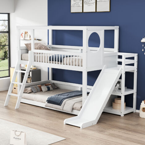 Letto a castello in legno con scala e recinzioni, con tendina, scivolo e ripiani - COMFORTXL