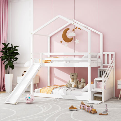Azkoeesy Letto A Castello Con Scivolo E Finestre – Legno Massello 90x200 Cm, Per Bambini E Ragazzi, Bianco/Naturale