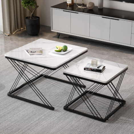 Elegante set di tavolini da caffè in 2 pezzi, tavoli quadrati in 606045 cm e 454540 cm, aspetto marmo lucido, gambe regolabili in altezza, portata fino a 30 kg, tavolino combinato lucido (1/5)