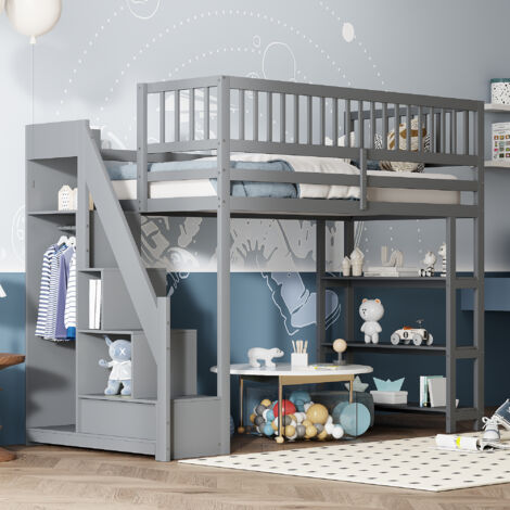 Letto A Soppalco 90x200 Cm Con Armadio E Scaffali - Legno Massiccio Grigio, Design Sicurezza, Multifunzionale - 5