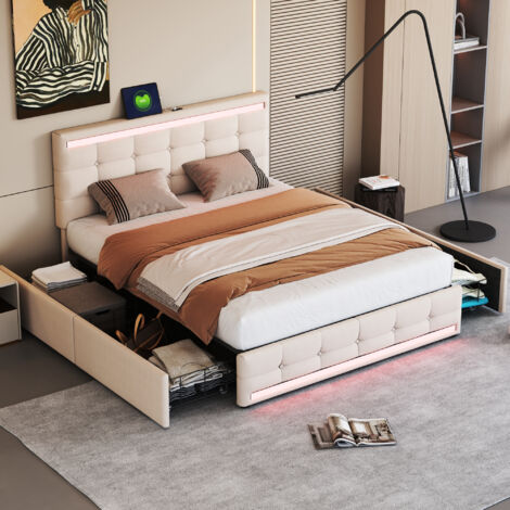 Letto imbottito 160x200 cm, struttura letto matrimoniale, con illuminazione a LED, struttura