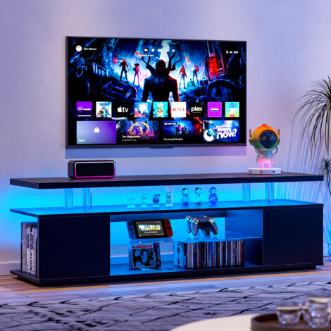 Supporto TV per TV LED da 65 pollici, centro di intrattenimento per giochi, tavolo consolle per archiviazione multimediale con ampio armadietto laterale per soggiorno (nero) (1/5)