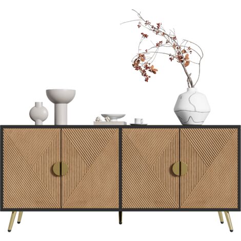 Mobile Credenza Contenitore Per Soggiorno 160 Cm - 4 Ante, Maniglie Oro Spazzolato E Gambe Lucide, Stile Moderno