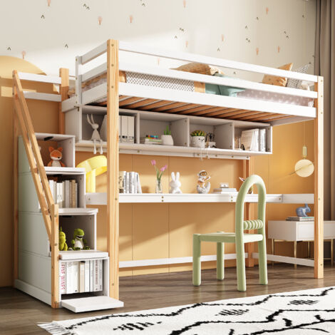 Letto A Soppalco Per 3 Bambini - Con Scala E Armadio, 1 Letto 140x200 Cm E 2 Letti 90x200 Cm, In Legno Massello, Bianco - Foto 8