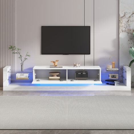 SUKY Mobile TV Lucido Con LED – 181 Cm, Per TV Fino A 80", Frontale In Vetro, 2 Cassetti, Bianco/nero