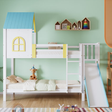 Letto A Castello Per Bambini Con Scala Cassettiera, Reti Anticaduta, Finestre E Tetto – 90x200 Cm, Colore Bianco E Naturale - 2