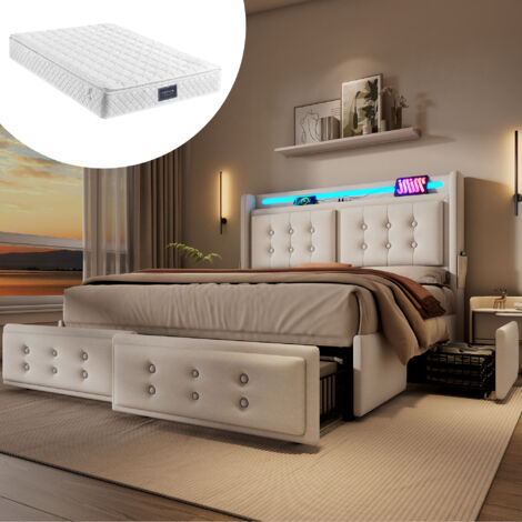 Letto imbottito 140x200, letto matrimoniale con testiera LED e funzione di ricarica USB C e 4 cassetti, letti contenitore con rete a doghe in legno e struttura in metallo, portata 300 kg, beige, coton