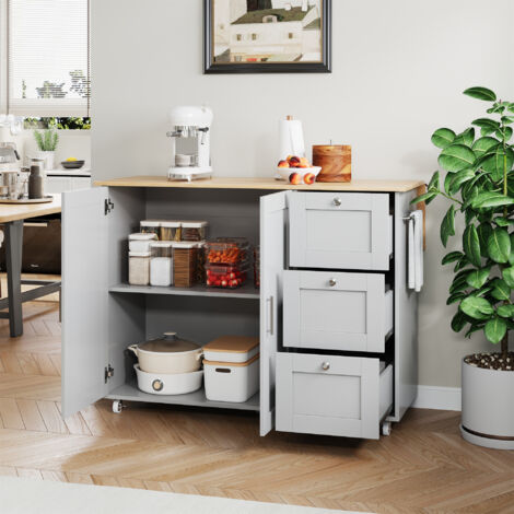 Carrello Cucina Mobile In Legno Di Rovere - 3 Cassetti, Pieghevole, Multifunzione - Foto 6