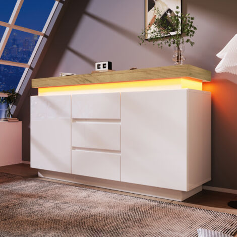 Cassettiera, credenza lucida con 2 ante e 3 cassetti, illuminazione a LED (controllo tramite app), mobile versatile per soggiorno e camera da letto, 81 x 140 x 39 cm, bianco
