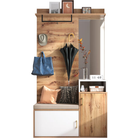 Elegante set guardaroba bianco e color legno con specchio, scarpiera, appendiabiti da parete, panca e gancio appendiabiti (non si tratta di un prodotto monopezzo, richiede fori e fori nel muro)